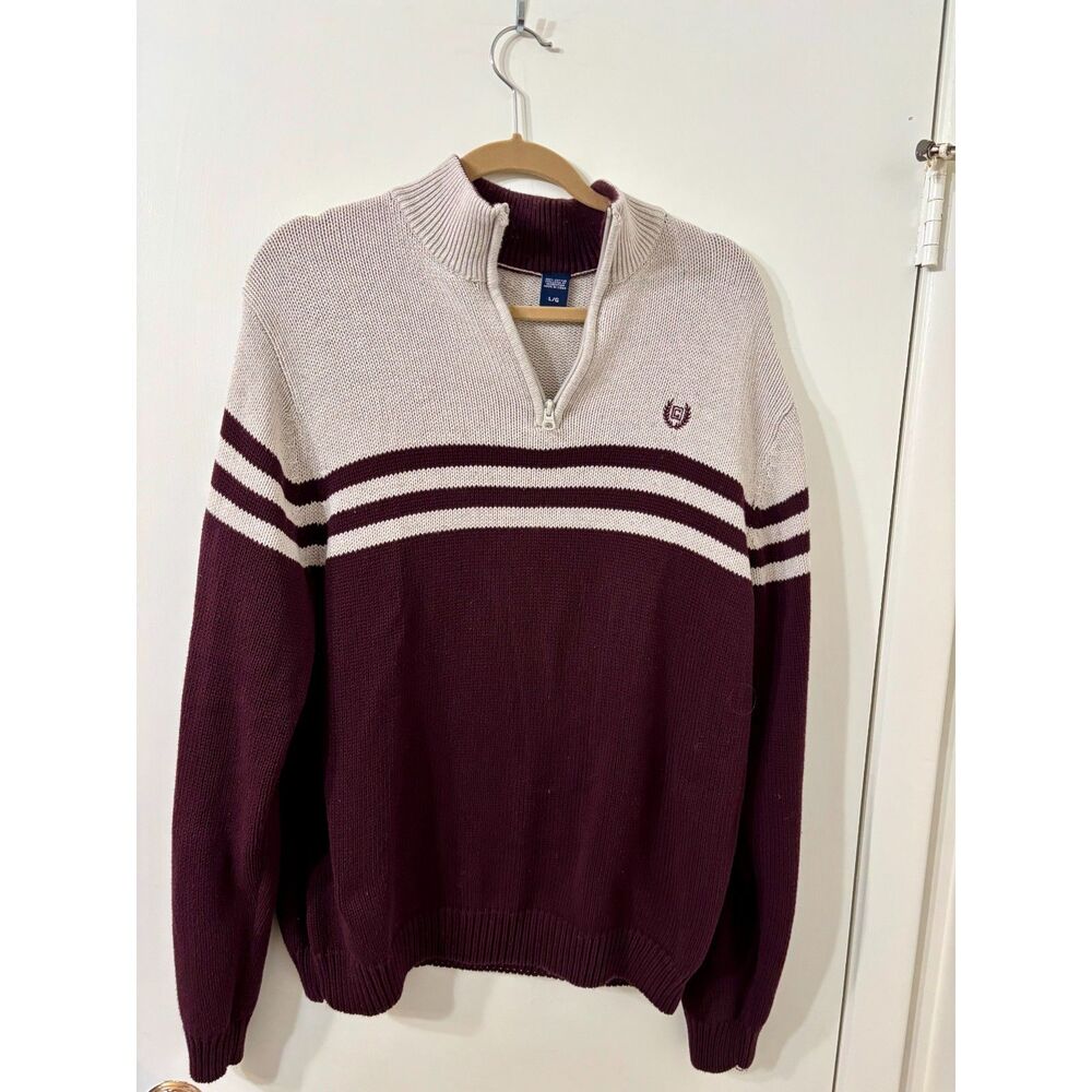 Chaps 90s Mens Large 100% Cotton Cocoa Brown & Cream 1/4 Zip Funnel Neck Sweater